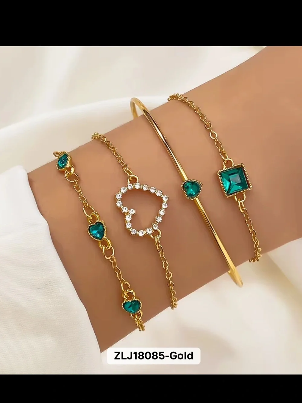 Gold Bracelet Set with Emerald Green Accents and Crystal Heart